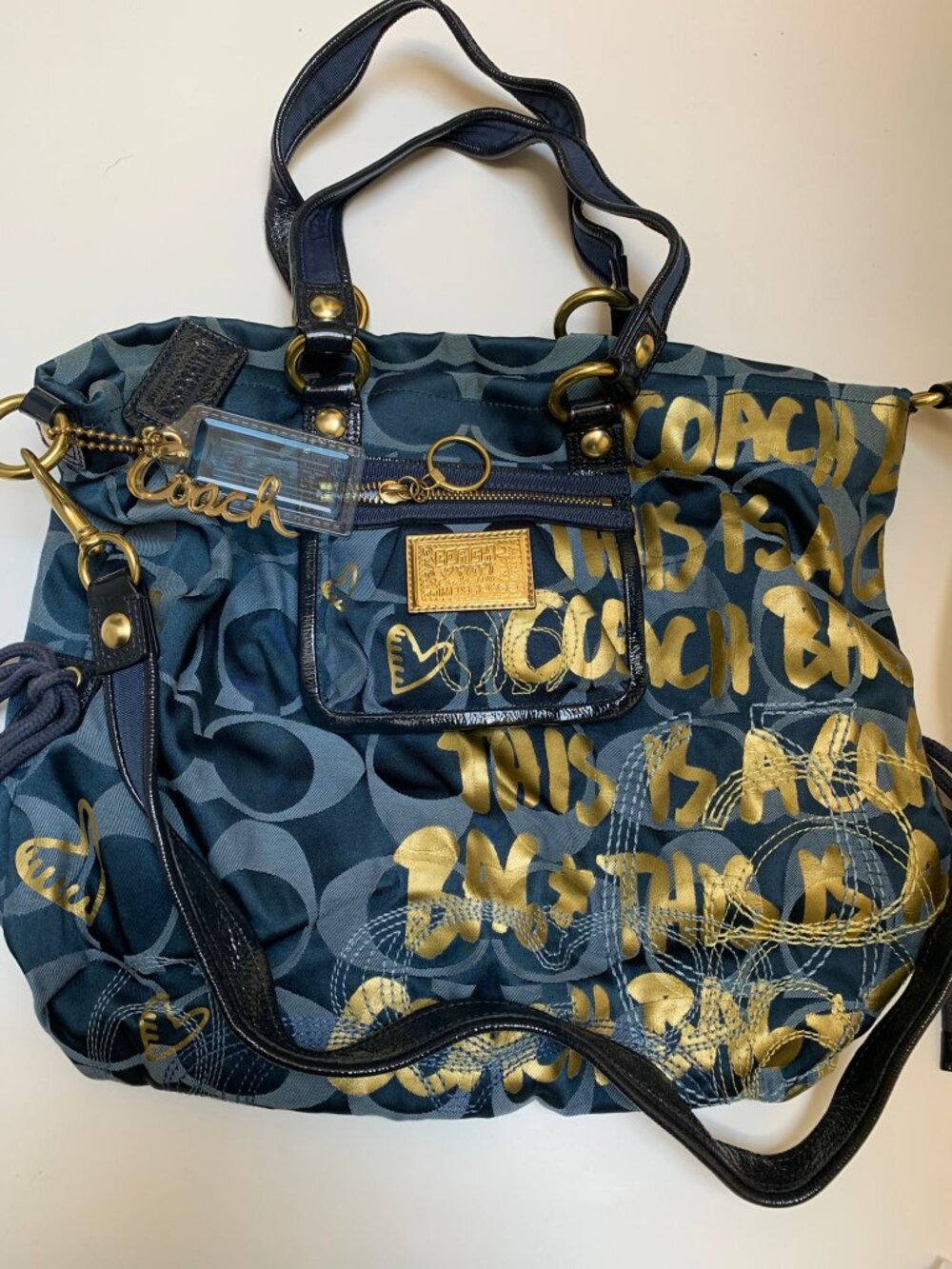 Vintage Coach Poppy Blue and Gold Fabric Logo Bag with Leather Coach Wristlet